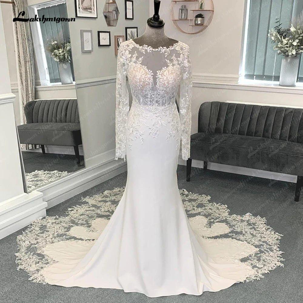 NumberSea Lace Appliques V Neck Soft Satin Long Sleeves Mermaid/Trumpet Boho Wedding Dress Illusion robe mariée sirene