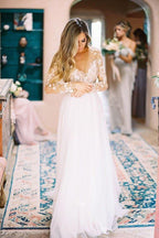 NumberSea Lace Backless A-Line V-neck Long Sleeves Wedding Dresses, Bridal Dresses, MW552