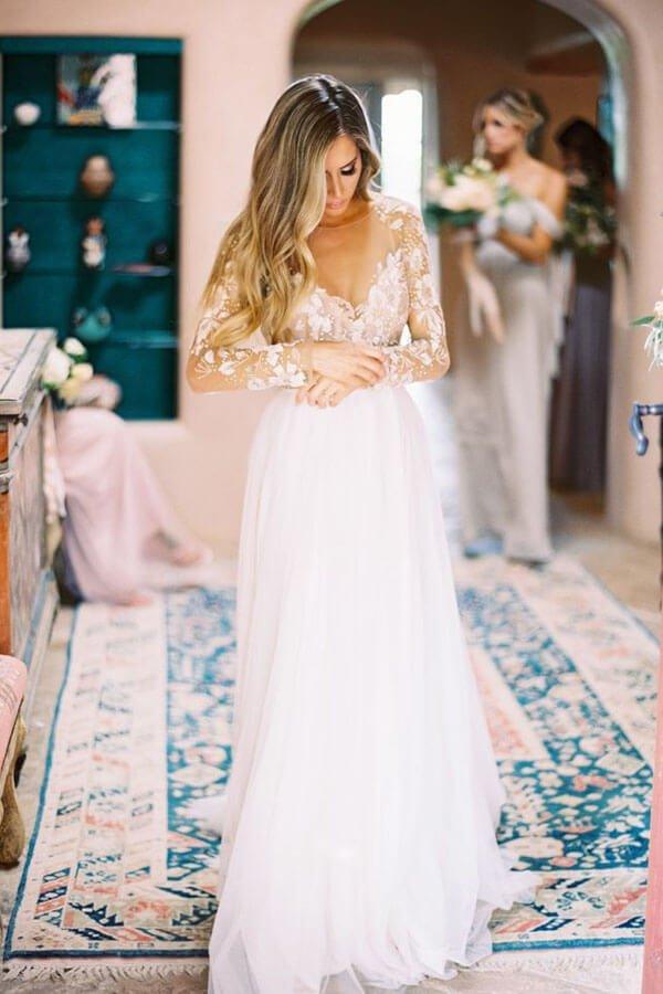 NumberSea Lace Backless A-Line V-neck Long Sleeves Wedding Dresses, Bridal Dresses, MW552