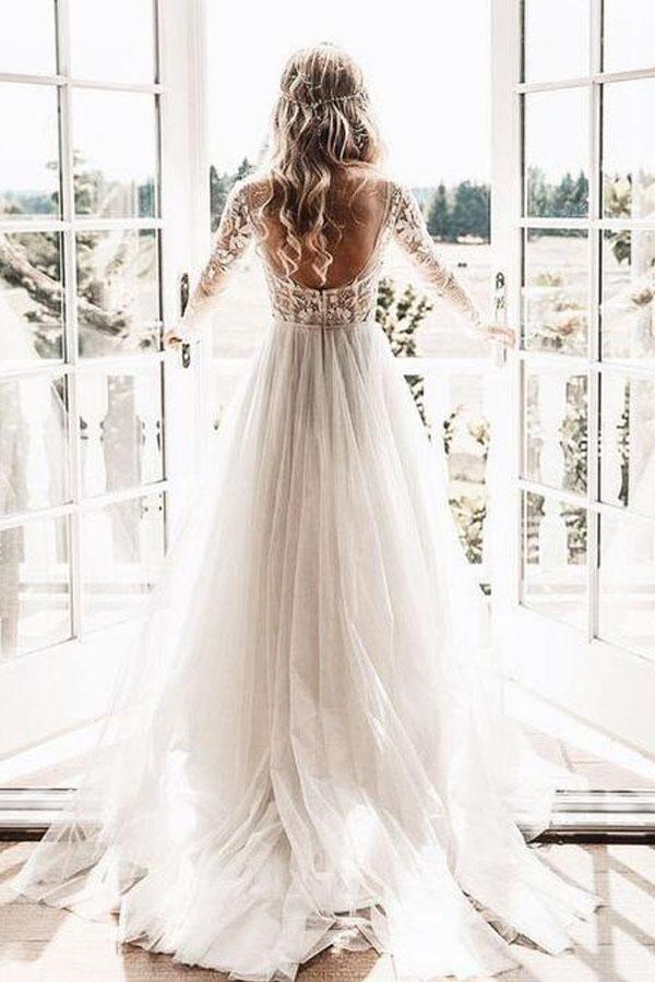 NumberSea Lace Backless A-Line V-neck Long Sleeves Wedding Dresses, Bridal Dresses, MW552