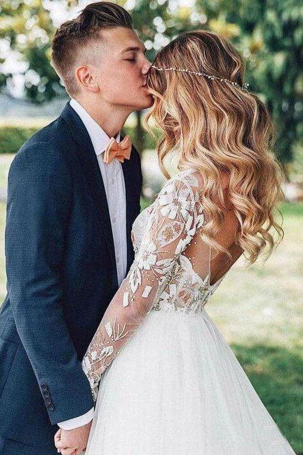 NumberSea Lace Backless A-Line V-neck Long Sleeves Wedding Dresses, Bridal Dresses, MW552