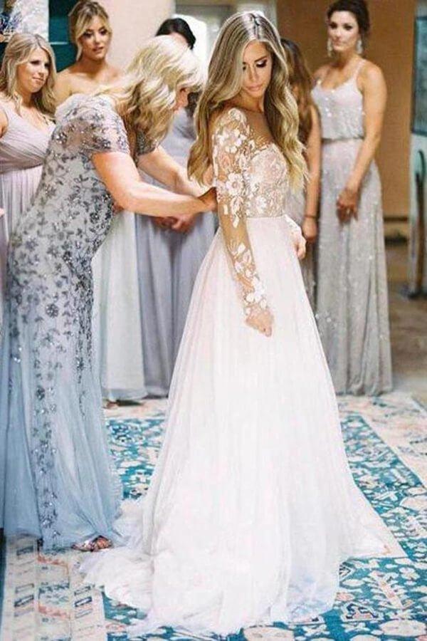 NumberSea Lace Backless A-Line V-neck Long Sleeves Wedding Dresses, Bridal Dresses, MW552