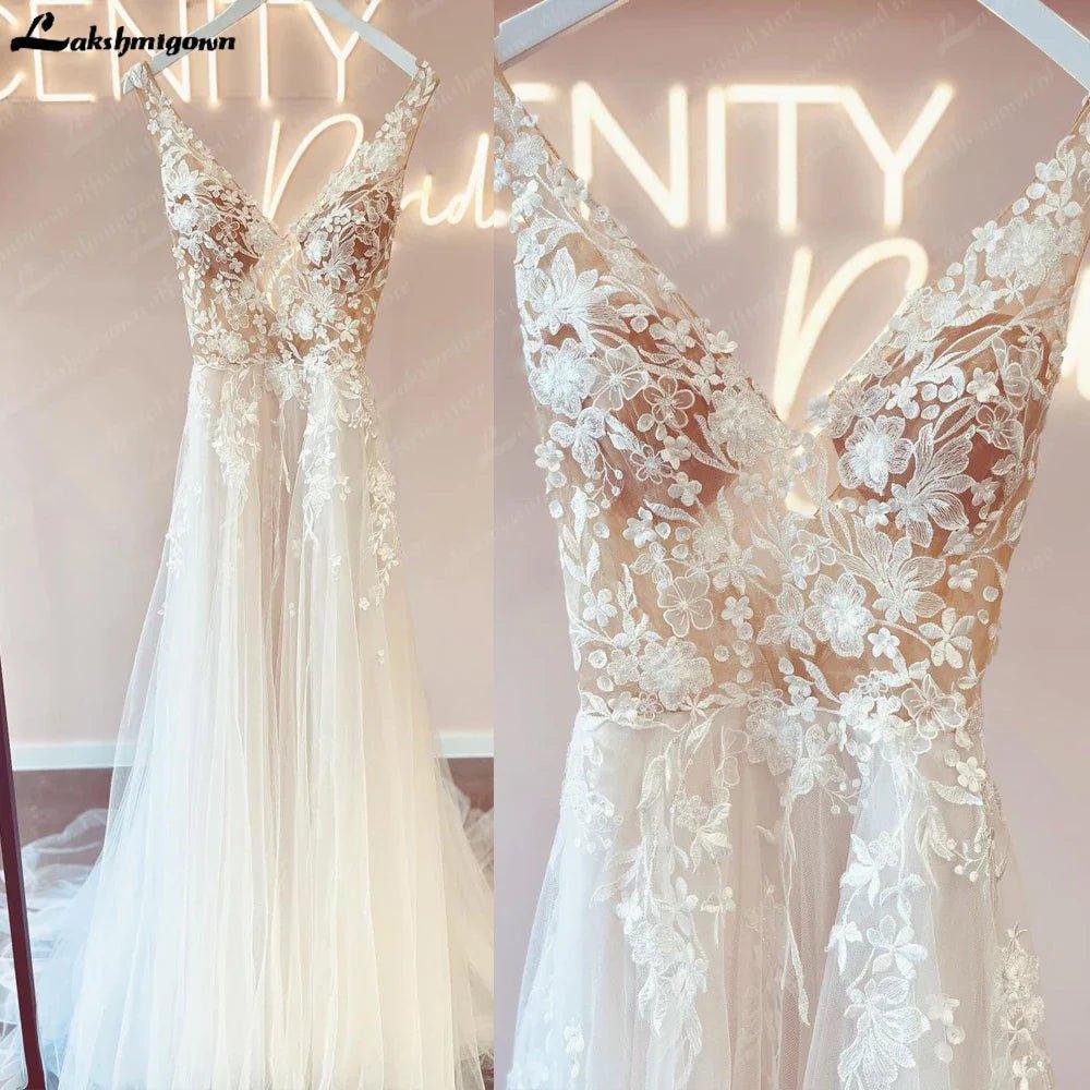 NumberSea Lace Bodice A Line Beach Boho Wedding Gowns with V Neck 2025 Spaghetti Straps Bridal Dress robe de mariage