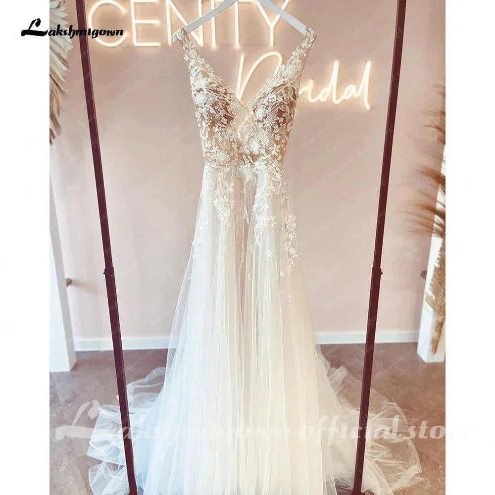 NumberSea Lace Bodice A Line Beach Boho Wedding Gowns with V Neck 2025 Spaghetti Straps Bridal Dress robe de mariage