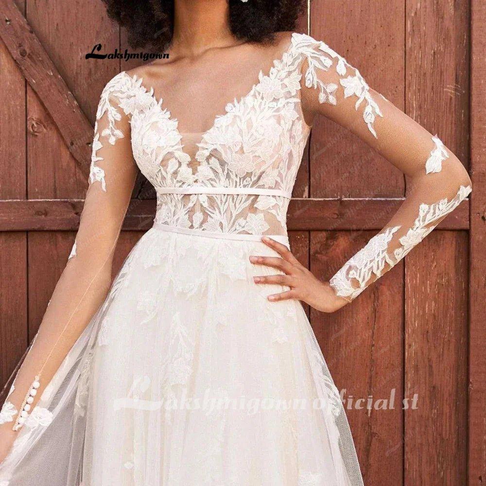 NumberSea Lace Long Sleeve Boho Wedding Dress 2025 Abito Da Sposa Garden Boho Wedding Gown Sexy V Neck Bridal Dress