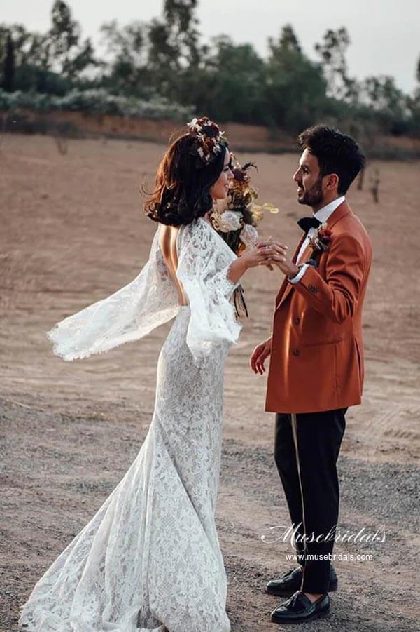 NumberSea Lace Mermaid Backless Long Sleeves Rustic Wedding Dresses, Bridal Gown, MW964