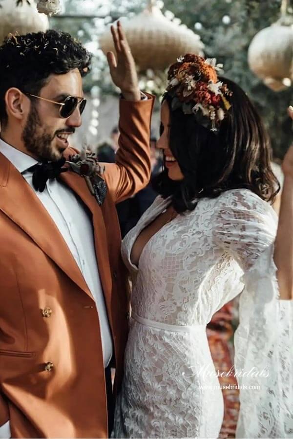 NumberSea Lace Mermaid Backless Long Sleeves Rustic Wedding Dresses, Bridal Gown, MW964