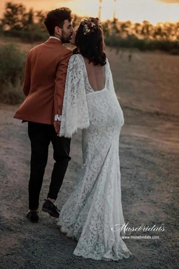 NumberSea Lace Mermaid Backless Long Sleeves Rustic Wedding Dresses, Bridal Gown, MW964