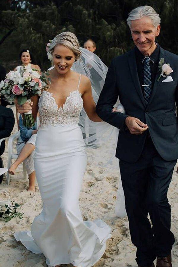 NumberSea Lace Mermaid Backless Spaghetti Straps Wedding Dresses, Bridal Gown, MW666