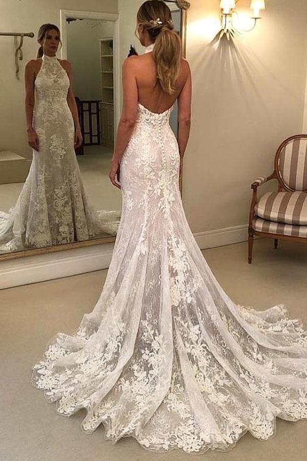 NumberSea Lace Mermaid Halter Neck Backless Wedding Dresses With Court Train, MW965