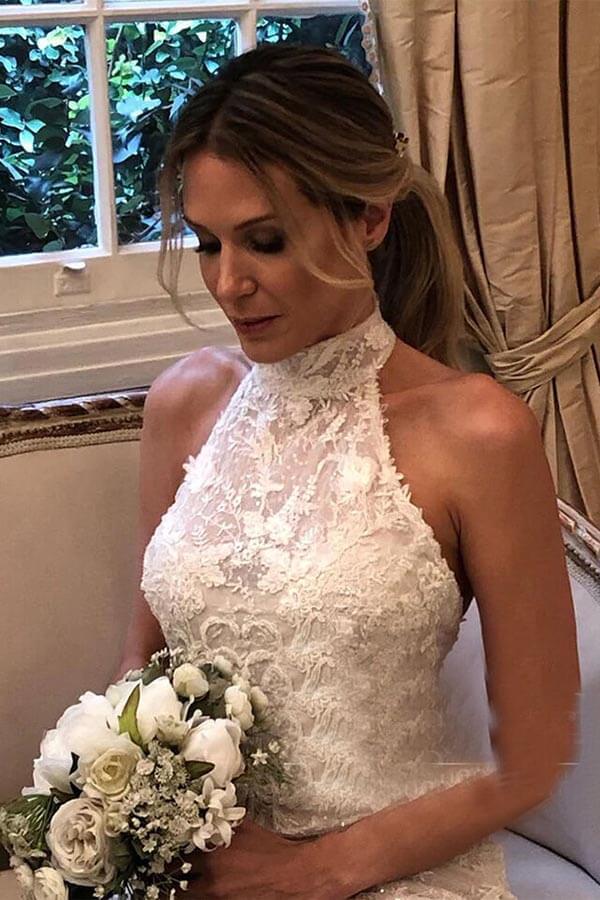 NumberSea Lace Mermaid Halter Neck Backless Wedding Dresses With Court Train, MW965