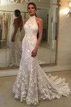 NumberSea Lace Mermaid Halter Neck Backless Wedding Dresses With Court Train, MW965