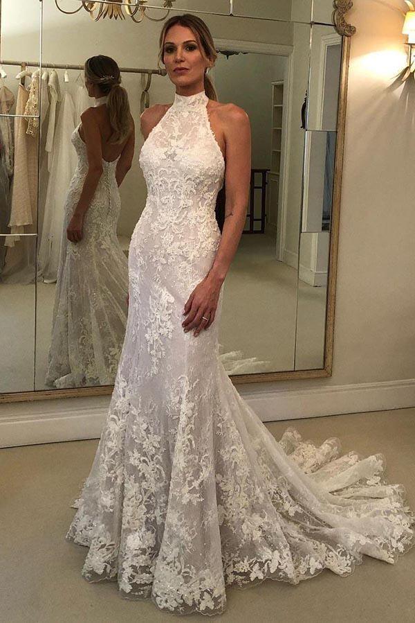 NumberSea Lace Mermaid Halter Neck Backless Wedding Dresses With Court Train, MW965