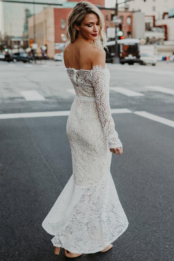NumberSea Lace Mermaid Off Shoulder High Low Long Sleeves Wedding Dresses, MW1025
