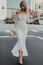 NumberSea Lace Mermaid Off Shoulder High Low Long Sleeves Wedding Dresses, MW1025