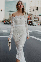 NumberSea Lace Mermaid Off Shoulder High Low Long Sleeves Wedding Dresses, MW1025
