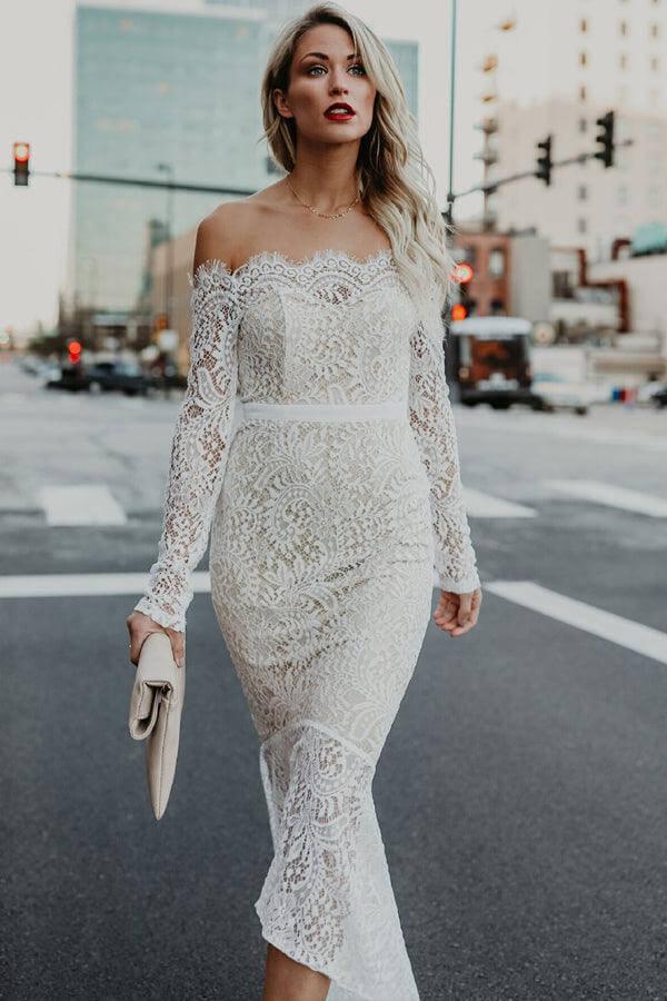 NumberSea Lace Mermaid Off Shoulder High Low Long Sleeves Wedding Dresses, MW1025