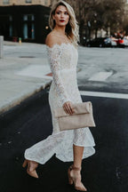NumberSea Lace Mermaid Off Shoulder High Low Long Sleeves Wedding Dresses, MW1025