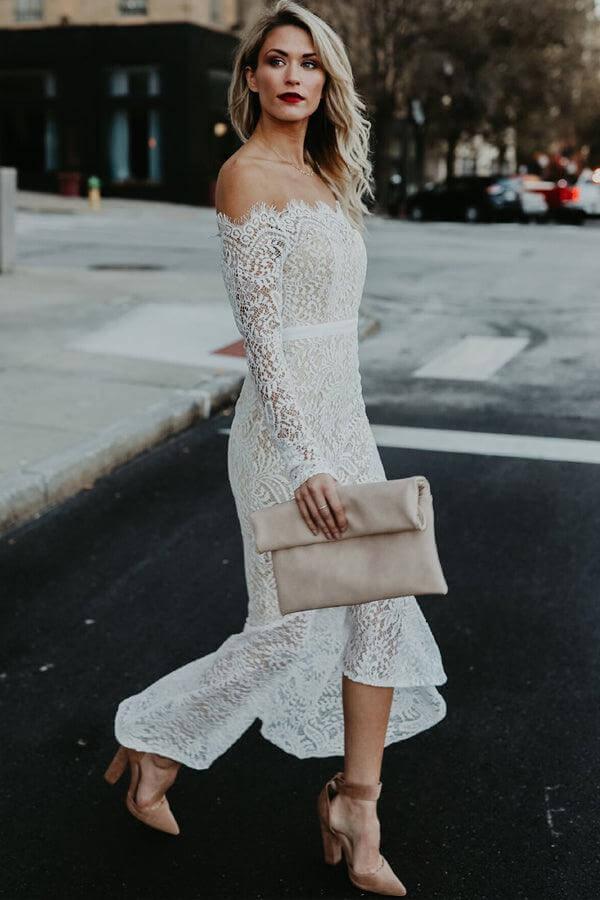 NumberSea Lace Mermaid Off Shoulder High Low Long Sleeves Wedding Dresses, MW1025