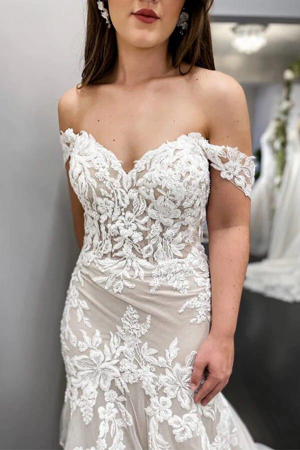 NumberSea Lace Mermaid Off-the-Shoulder Vintage Wedding Dresses, Bridal Gown, MW834