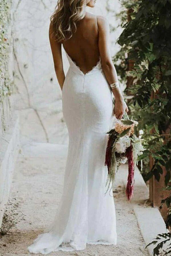 NumberSea Lace Mermaid Spaghetti Straps Backless Wedding Dresses, Bridal Gown, MW692