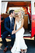 NumberSea Lace Mermaid Spaghetti Straps V-neck Backless Beach Wedding Dresses, MW672