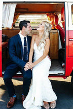 NumberSea Lace Mermaid Spaghetti Straps V-neck Backless Beach Wedding Dresses, MW672