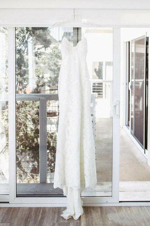 NumberSea Lace Mermaid Spaghetti Straps V-neck Backless Beach Wedding Dresses, MW672