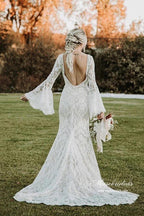 NumberSea Lace Mermaid V-neck Long Sleeves Backless Vintage Wedding Dresses, MW892