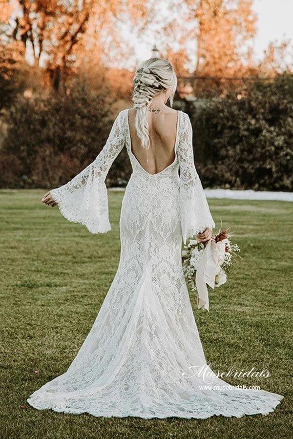 NumberSea Lace Mermaid V-neck Long Sleeves Backless Vintage Wedding Dresses, MW892