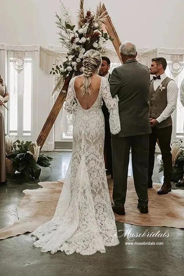 NumberSea Lace Mermaid V-neck Long Sleeves Backless Vintage Wedding Dresses, MW892