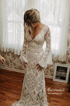 NumberSea Lace Mermaid V-neck Long Sleeves Backless Vintage Wedding Dresses, MW892