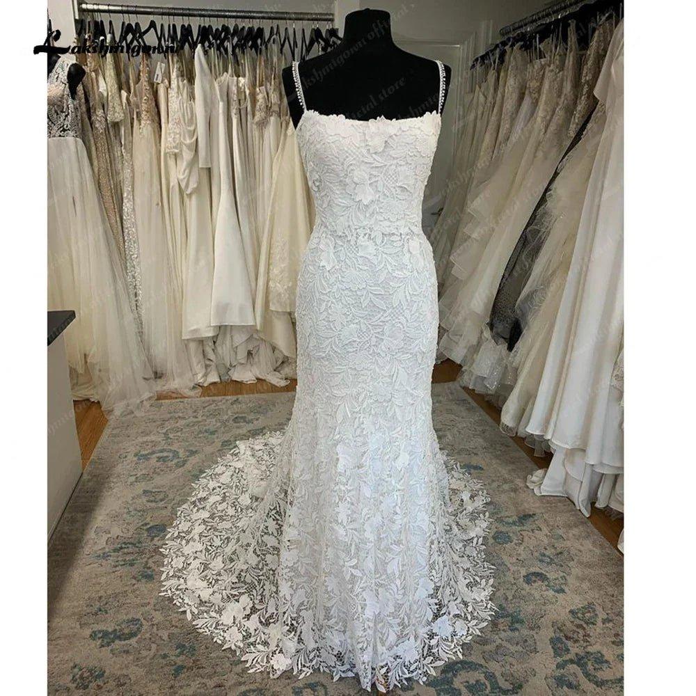 NumberSea Lace Mermaid Wedding Dress Scoop Neck Lace Applique Spaghetti Straps Bridal Gown Court Train Civil Robe De Mariée