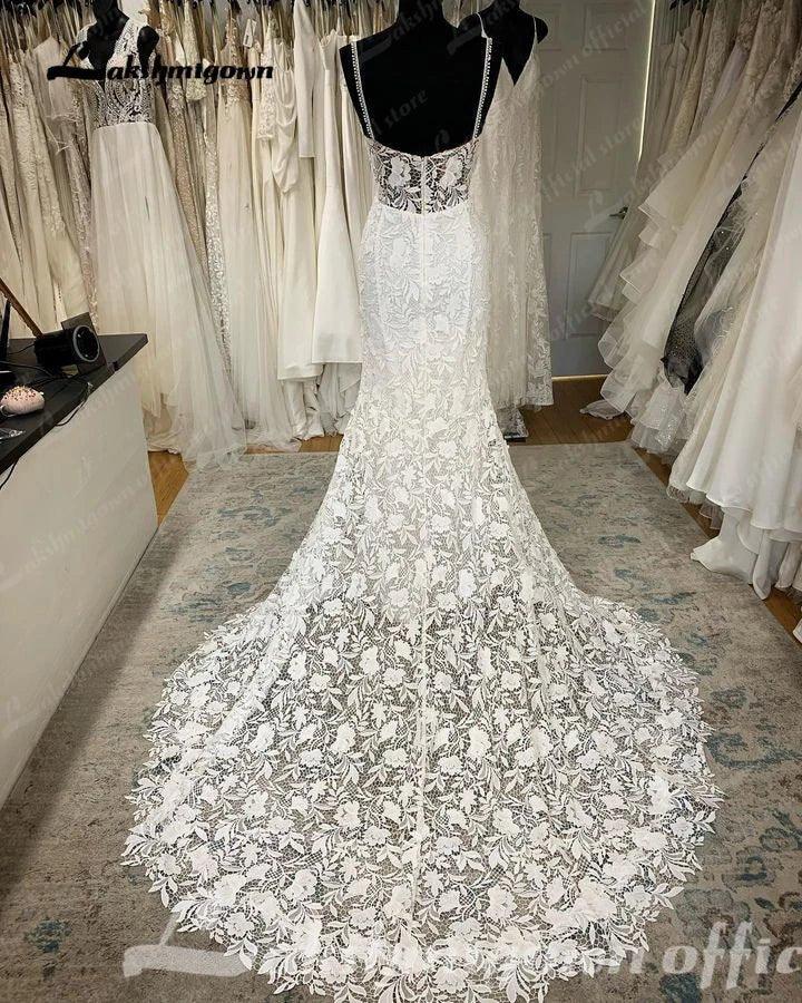 NumberSea Lace Mermaid Wedding Dress Scoop Neck Lace Applique Spaghetti Straps Bridal Gown Court Train Civil Robe De Mariée