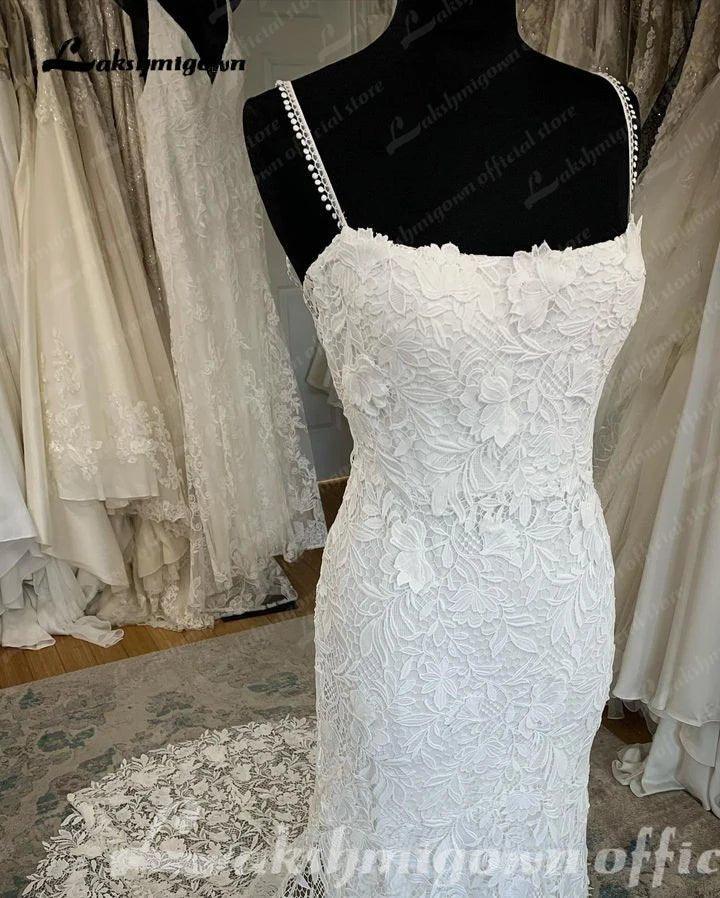 NumberSea Lace Mermaid Wedding Dress Scoop Neck Lace Applique Spaghetti Straps Bridal Gown Court Train Civil Robe De Mariée