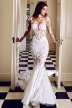 NumberSea Lace See Through Mermaid Long Sleeves Wedding Dresses, Bridal Dress, MW522