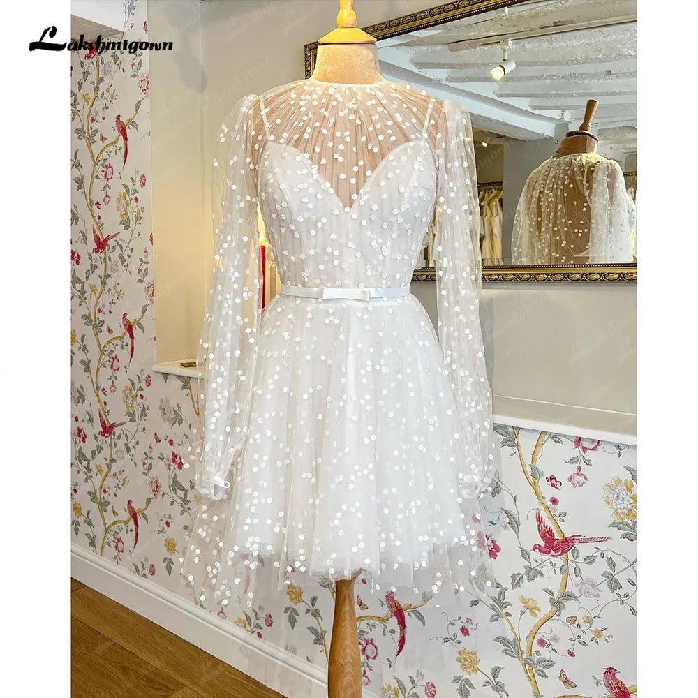 NumberSea Lace Short Wedding Dress With Detachable Jacket Dot Tulle Long Sleeves Bridal Gowns Robe De Mariage
