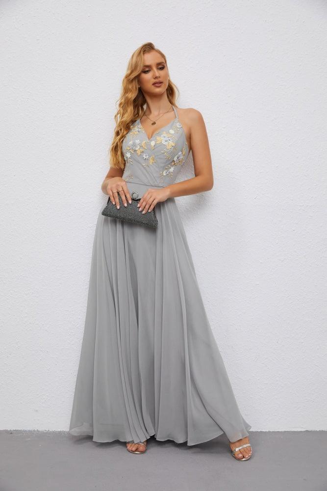 Numbersea Ladies Halter Backless Ruffle V Neck Embroidery and Floor Length Bridesmaid Evening Dress Wedding 28079