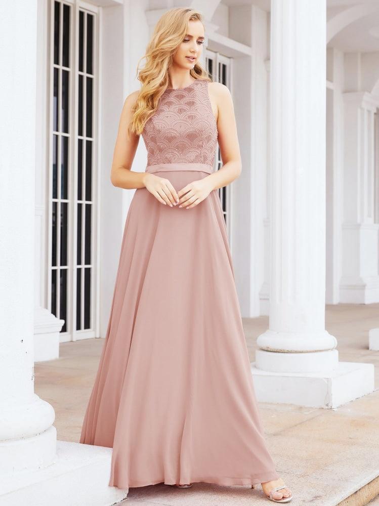 Numbersea Ladies Sleeveless Round Neck Chiffon Beaded and Floor Length Bridesmaid Dress Party Wedding Prom Evening Dress 28075