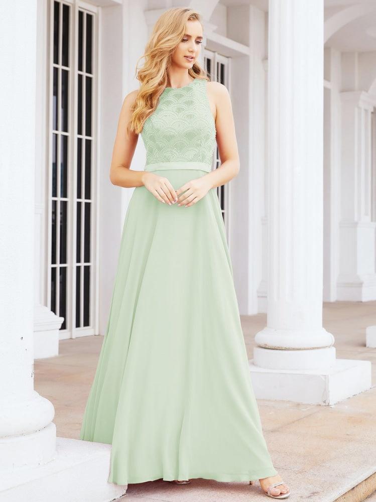 Numbersea Ladies Sleeveless Round Neck Chiffon Beaded and Floor Length Bridesmaid Dress Party Wedding Prom Evening Dress 28075