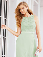 Numbersea Ladies Sleeveless Round Neck Chiffon Beaded and Floor Length Bridesmaid Dress Party Wedding Prom Evening Dress 28075
