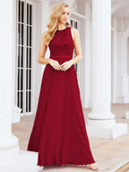 Numbersea Ladies Sleeveless Round Neck Chiffon Beaded and Floor Length Bridesmaid Dress Party Wedding Prom Evening Dress 28075