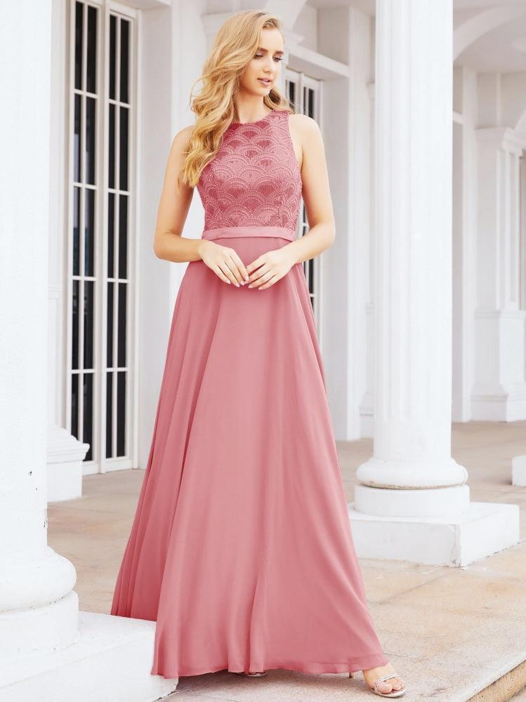Numbersea Ladies Sleeveless Round Neck Chiffon Beaded and Floor Length Bridesmaid Dress Party Wedding Prom Evening Dress 28075