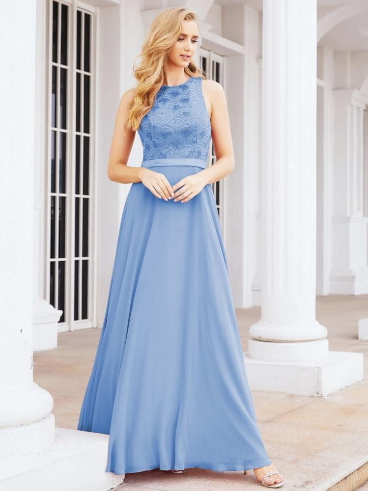 Numbersea Ladies Sleeveless Round Neck Chiffon Beaded and Floor Length Bridesmaid Dress Party Wedding Prom Evening Dress 28075