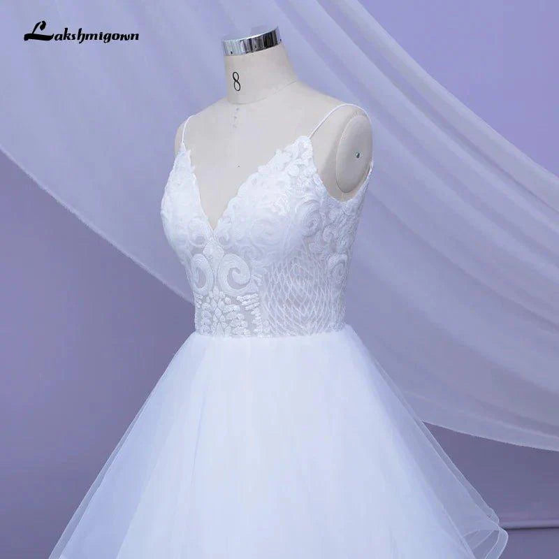 NumberSea lakshmigown  V Neck Princess Tulle Wedding Dresses Thin Straps Puffy Bridal Dress  Robes de Mariag A-line Wedding Dresses