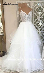 NumberSea lakshmigown  V Neck Princess Tulle Wedding Dresses Thin Straps Puffy Bridal Dress  Robes de Mariag A-line Wedding Dresses