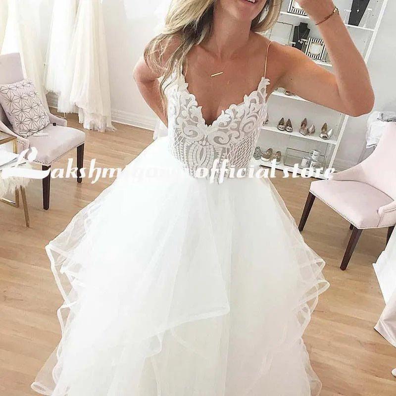 NumberSea lakshmigown  V Neck Princess Tulle Wedding Dresses Thin Straps Puffy Bridal Dress  Robes de Mariag A-line Wedding Dresses