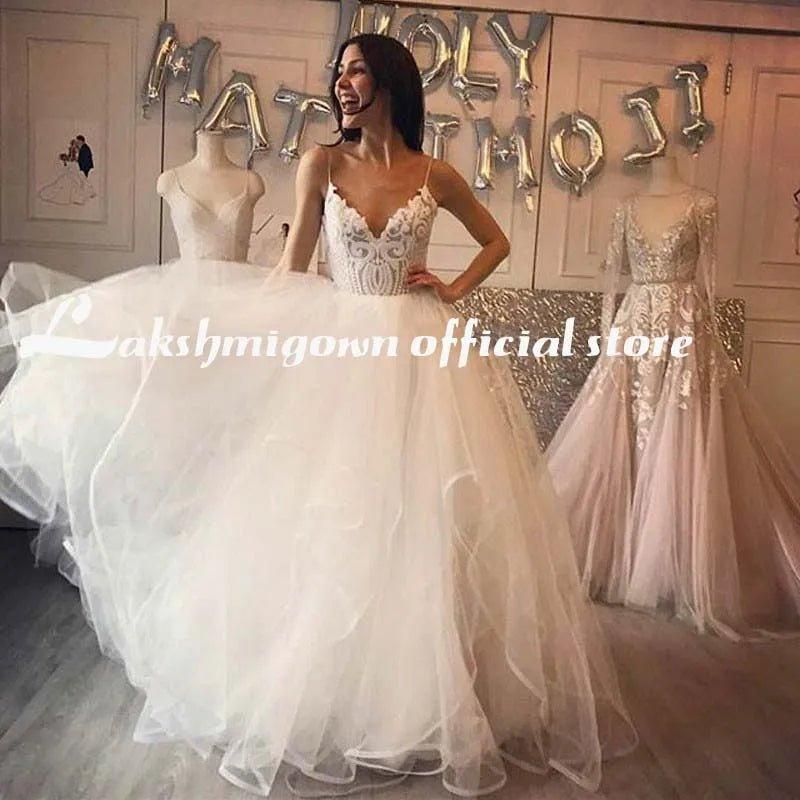 NumberSea lakshmigown  V Neck Princess Tulle Wedding Dresses Thin Straps Puffy Bridal Dress  Robes de Mariag A-line Wedding Dresses