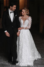 NumberSea Leaves Lace Tulle Long Sleeves Boho Wedding Dresses, Bridal Gown, MW962