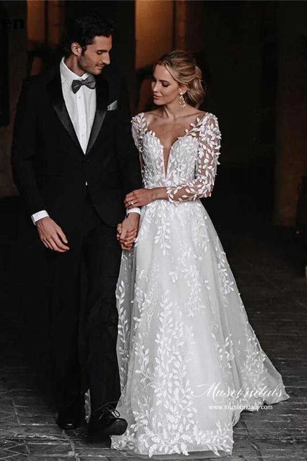 NumberSea Leaves Lace Tulle Long Sleeves Boho Wedding Dresses, Bridal Gown, MW962